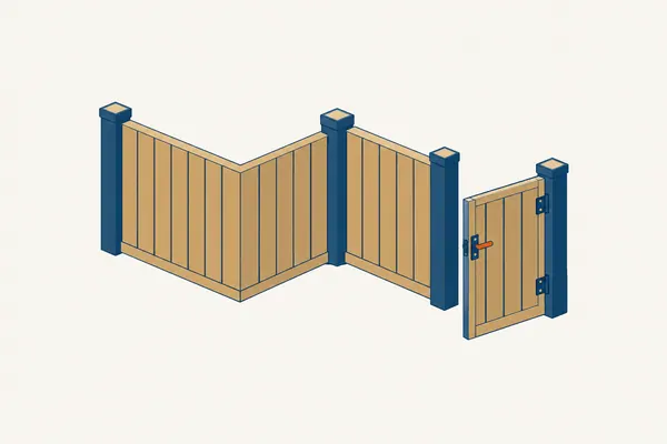 A fence corner with upright boards and an open gate.